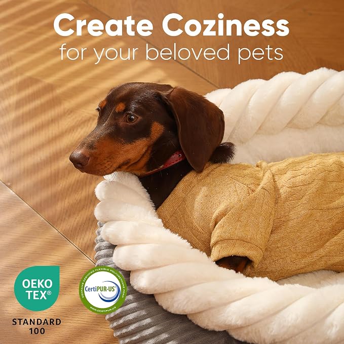 FUKUMARU Dog Bed, Calming Donut Dog Beds, Plush Faux Fur&Corduroy Cat Beds - Image 2
