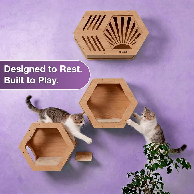 Modern Hexagonal Cat Wall Shelf System, 6-Piece Wood Wall Mounted Cat Furniture - Image 5