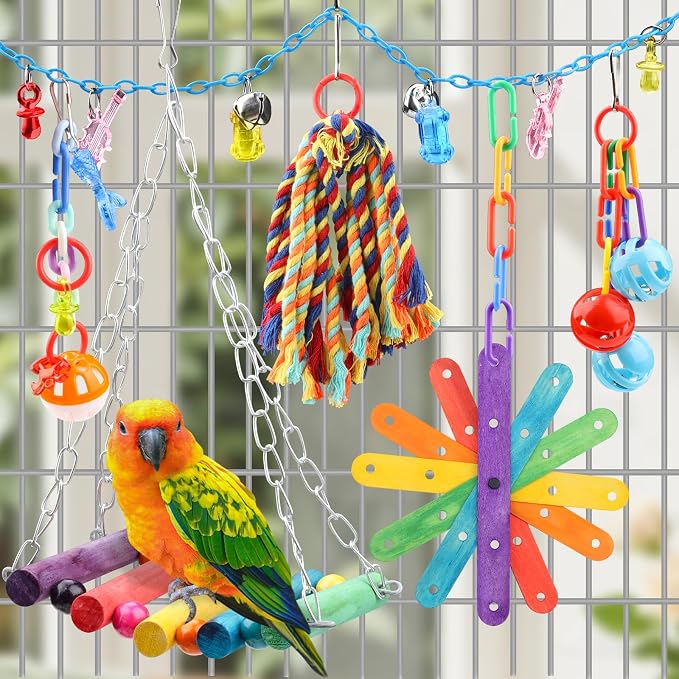 9 Pcs Parakeet Cockatiel Bird Toys, Parrots Cage Accessories Swing Rope Hanging - Image 7