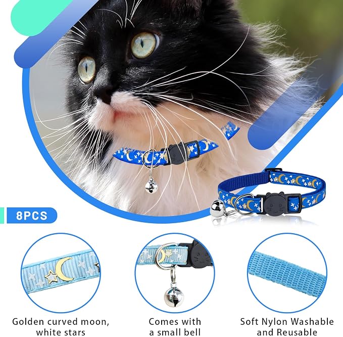 8 PCS Cat Collars with Bell Moons Stars, Reflections Cat Collar with Bells - Image 2