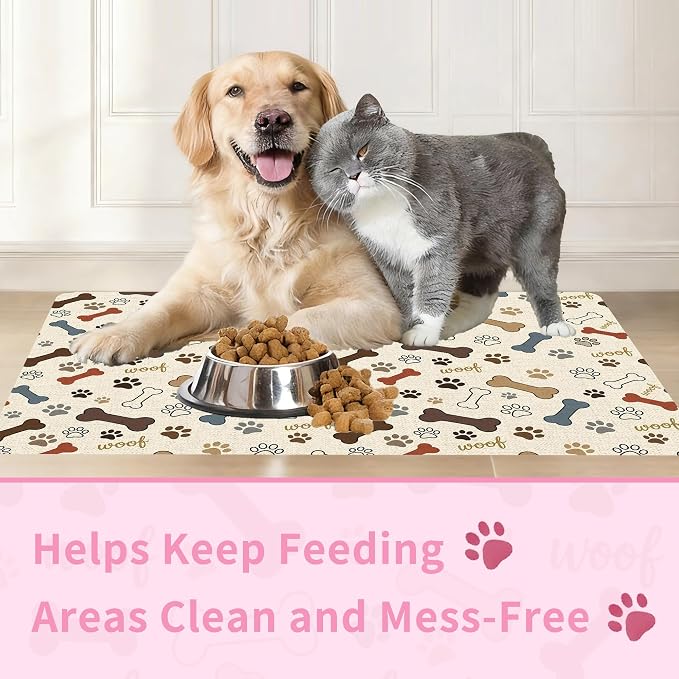 Dog Feeding Mat 24 x 16 Inch, Neutral Paw Bone Woof Dog Placemat Absorbent - Image 6