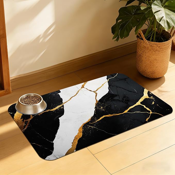 Black Gold Marble Dog and Cat Food Mat, Absorbent Feeding Placemat, Waterproof by QSOQSO
