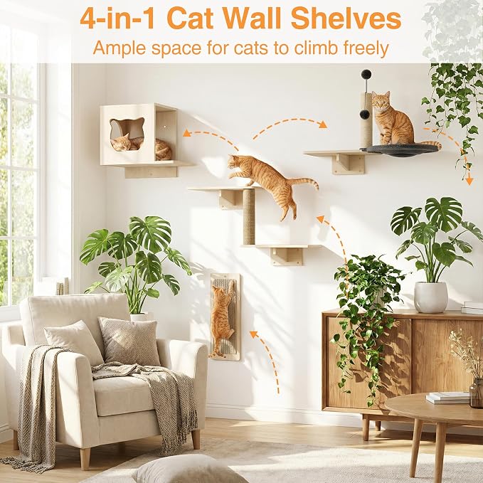 Cat Wall Shelves, Wooden Multi-Level Cat Climbing Furniture, Sisal Scratcher - Image 6