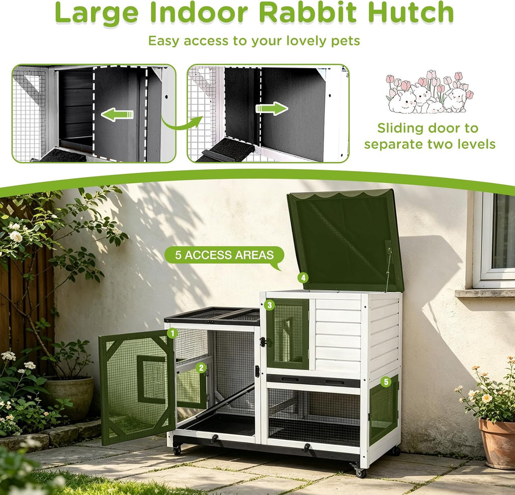 Gutinneen 39.3" Rabbit Hutch with Wheels, Black and White - GlobalHabitat Supply
