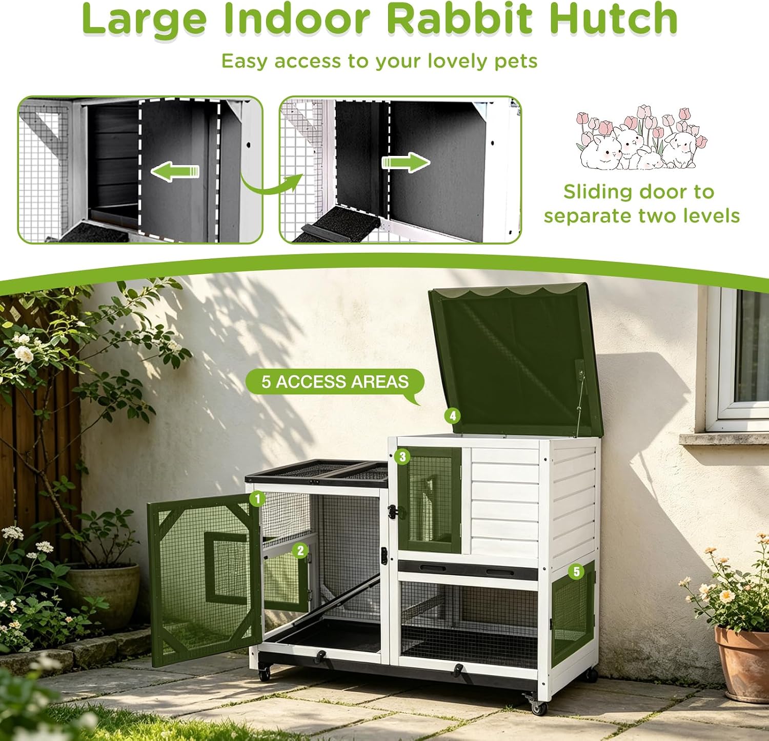 Gutinneen 39.3" Rabbit Hutch with Wheels, Black and White - GlobalHabitat Supply