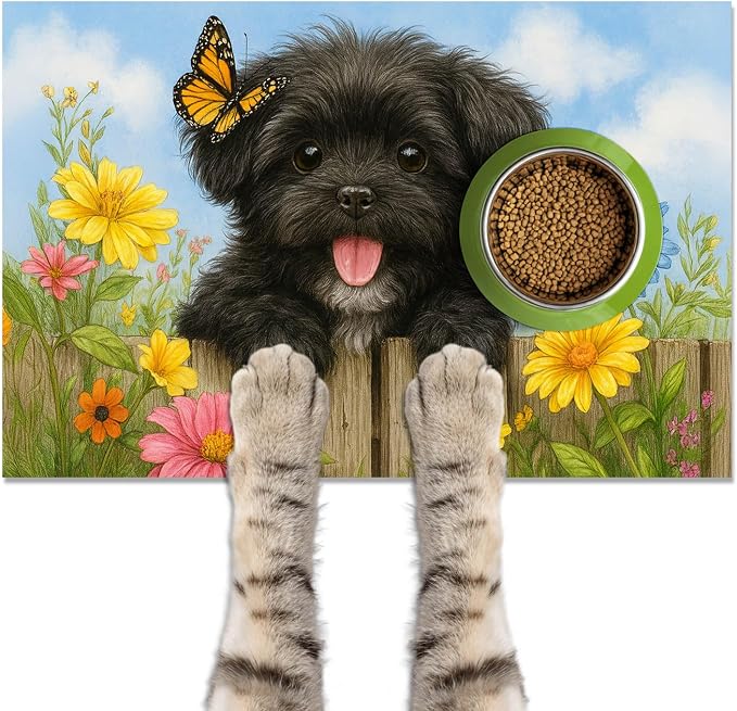 Spring Pet Feeding Mat 24" x 16"Puppy and Butterfly Floral Garden Design Non by HOMETITUTE