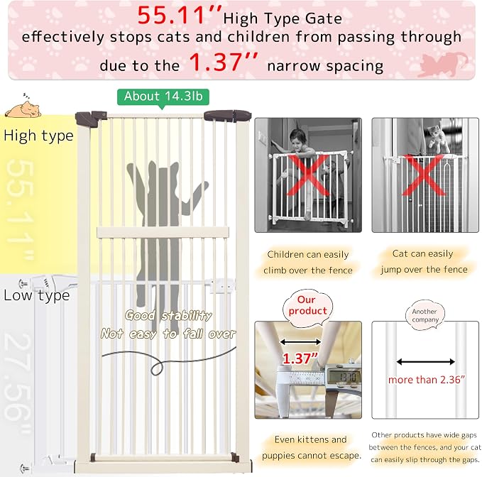 Lumizone Extra Tall Pet Gate 55.12" High Pressure Mounted 30.12"-34.05" Extra - Image 4
