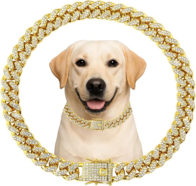 Luxury Cuban Link Dog Collar Gold Crystal Secure Buckle Metal Chain Necklace by Unknown