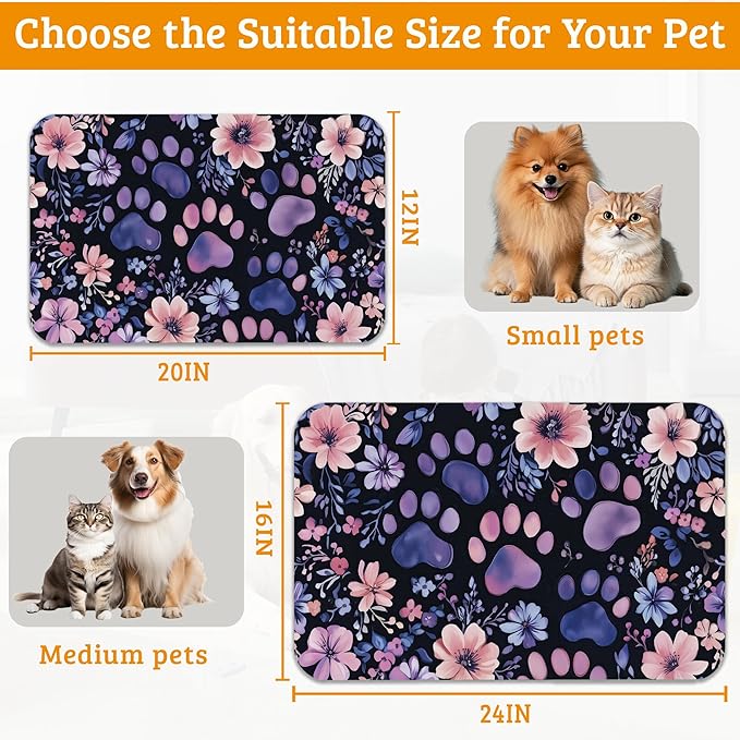 Paw Print Dog Food Mat, Watercolor Flower Absorbent Pet Feeding Mat - Image 6