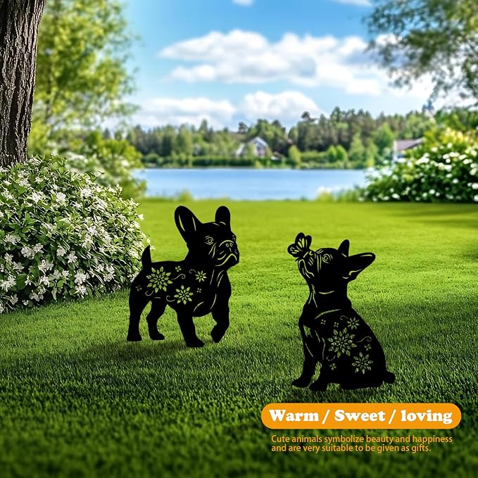 4 Pack Bulldog Metal Garden Decorative Stakes, Weather Proof Puppy Silhouette - Image 2