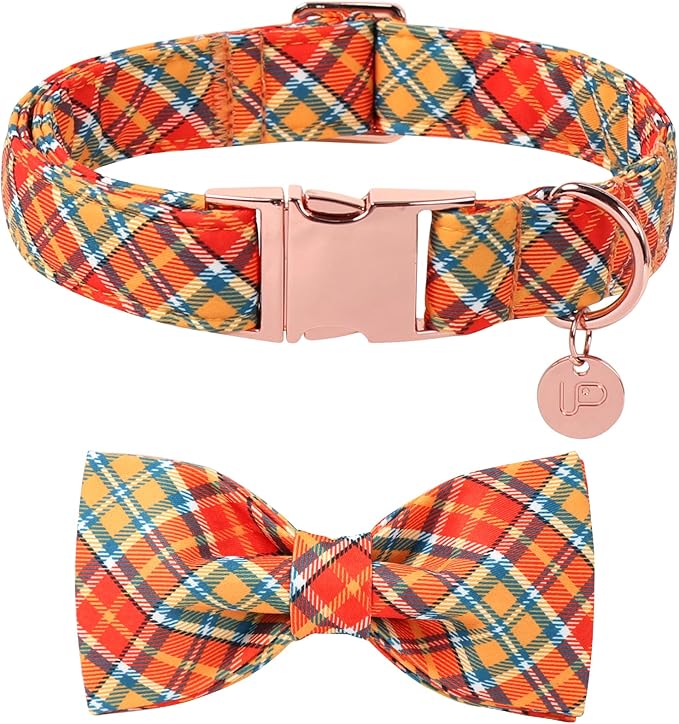 Autumn Plaid Dog Collar and Bow Tie Set – Orange Yellow Checkered Adjustable by UPURARAPUP