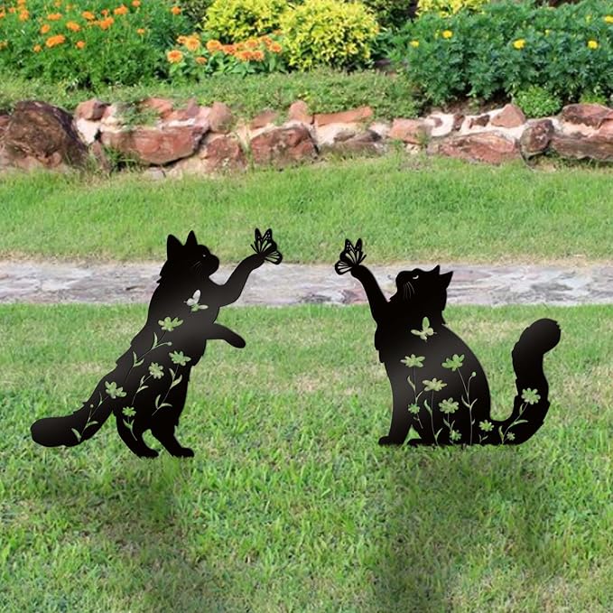 Bnesi Floral Long-Haired Cat Yard Decor Pet Grave Markers Metal Sign Silhouette - Image 6