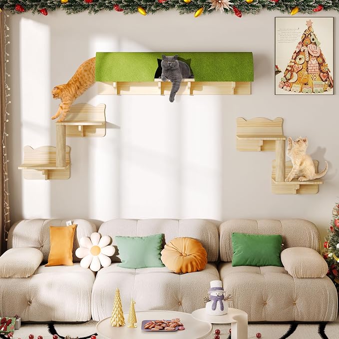 7-in-1 Cat Wall Shelves and Perches, Floating Cat Shelves Set, Solid Wood Wall - Image 7