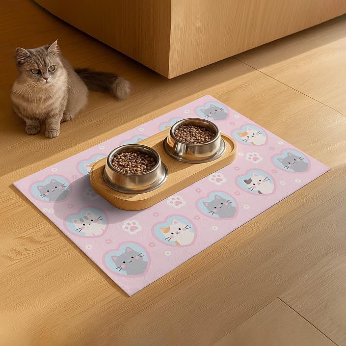 Cat Feeding Mat 24x16 inch Pink Heart Kitten Print Pet Bowl Placemat Non Slip - Image 9