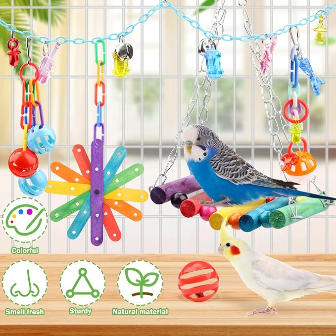 9 Pcs Parakeet Cockatiel Bird Toys, Parrots Cage Accessories Swing Rope Hanging - Image 3
