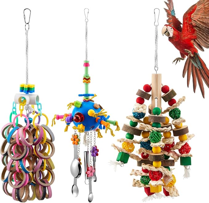 3 Pcs Extra Large Bird Parrot Toy Multicolored Natural Wooden Parrot Cage by Seenelling