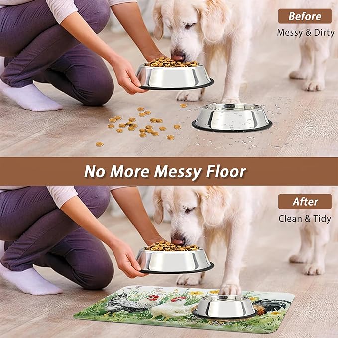 Chicken Rooster Dog Food Mat for Floors, Farm FlowerAbsorbent Pet Food and - Image 5