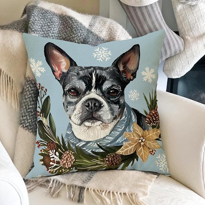 Fahrendom Winter Dogs Decorative Throw Pillow Covers 18 x 18 Set of 4, Boston - Image 5