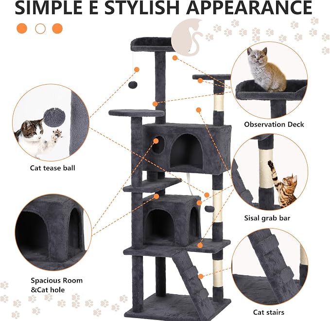 BestPet | 62" Cat Tree Tower | Dark Gray | Sturdy, Hanging Cat Toys, - Image 6