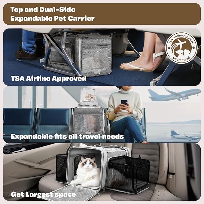 Top and 2 Sides Expandable Cat Carrier 17x11x11, TSA Airline Approved Dog - Image 2