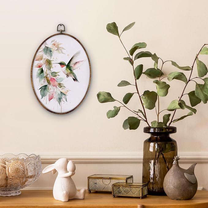 DILSJ Hummingbird Botanical Oval Wall Art Decor, Farmhouse Green Hummingbird - Image 2