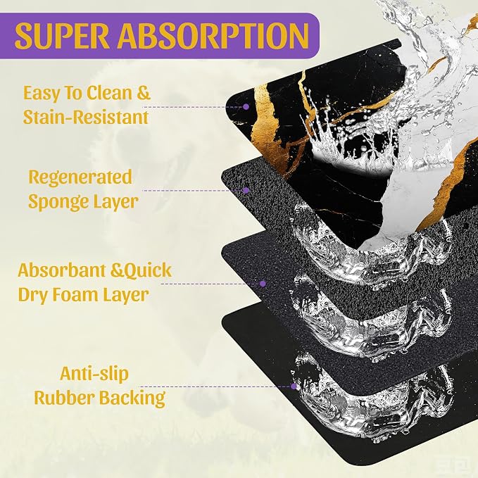 Black Gold Marble Dog and Cat Food Mat, Absorbent Feeding Placemat, Waterproof - Image 3