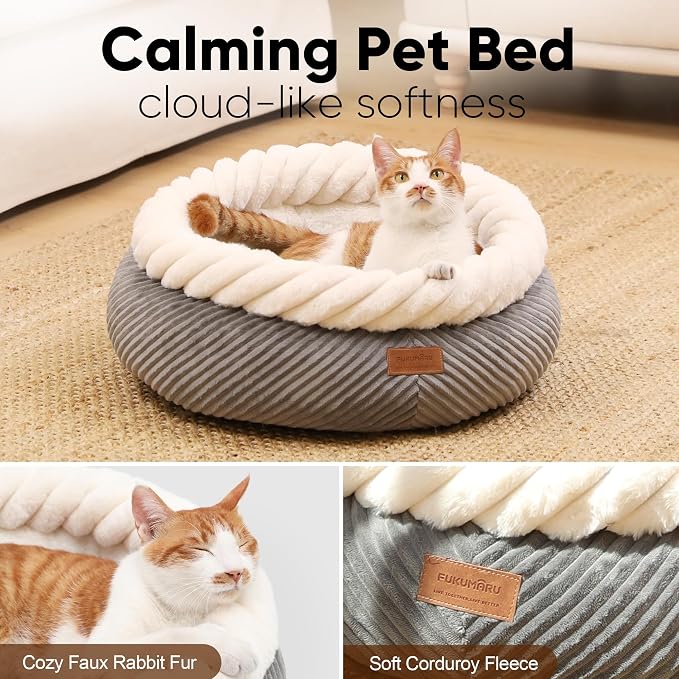 FUKUMARU Cat Bed, Calming Donut Dog Beds, Plush Faux Fur&Corduroy Cat Beds - Image 3
