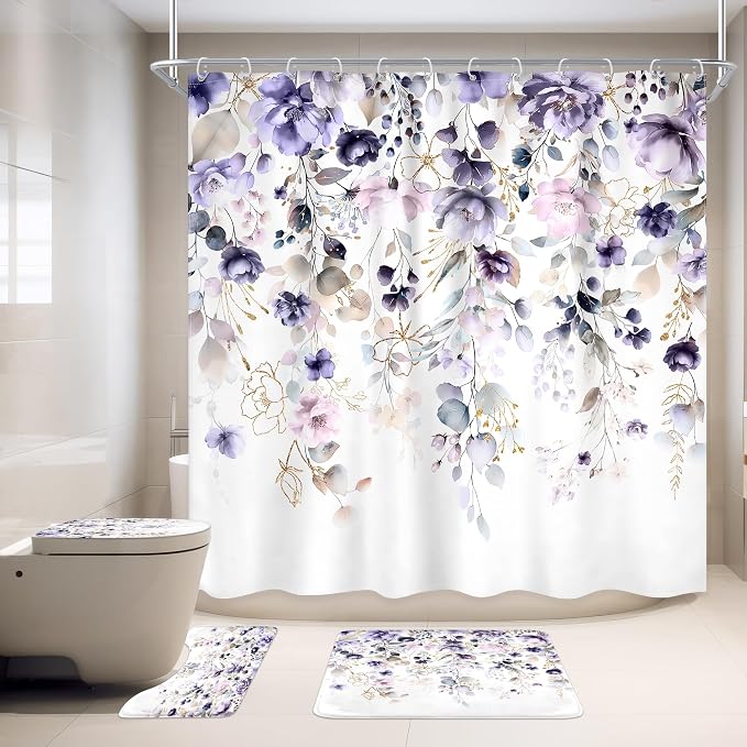 4 PCS Purple Floral Flower Shower Curtain Set 72Wx72H Inch Watercolor Pastel - Image 3