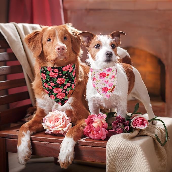 ADOGGYGO Floral Dog Bandana 2 Pack, Reversible Red Pink Rose Pet Scarf Bib - Image 3