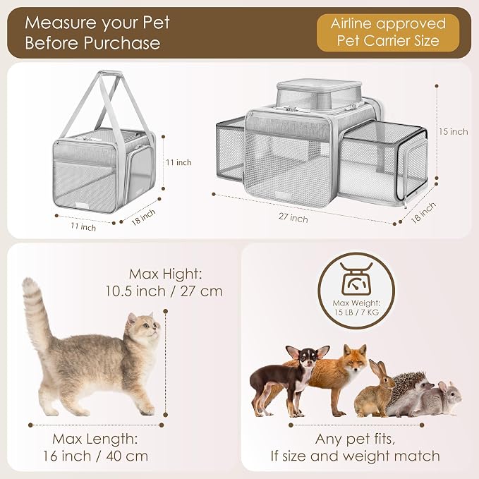 Top and 2 Sides Expandable Cat Carrier 18x11x11, TSA Airline Approved Dog - Image 4