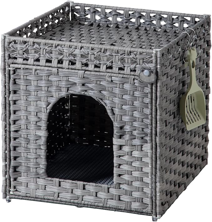Cat Litter Enclosure with Hidden Litter Mat and Rattan Cat House, Supports Two by SETVSON