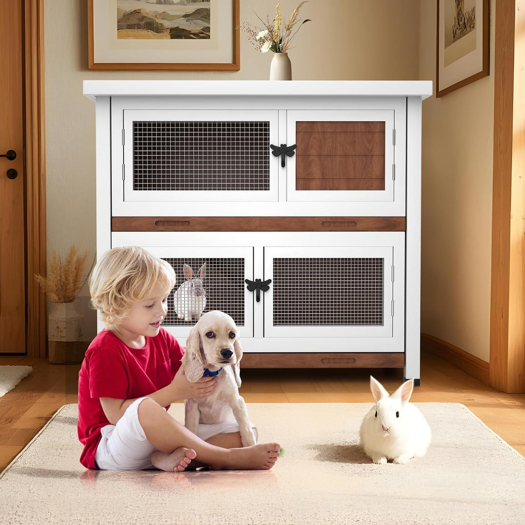 2-Story Solid Wood Rabbit Hutch with Removable Trays, Walnut - GlobalHabitat Supply
