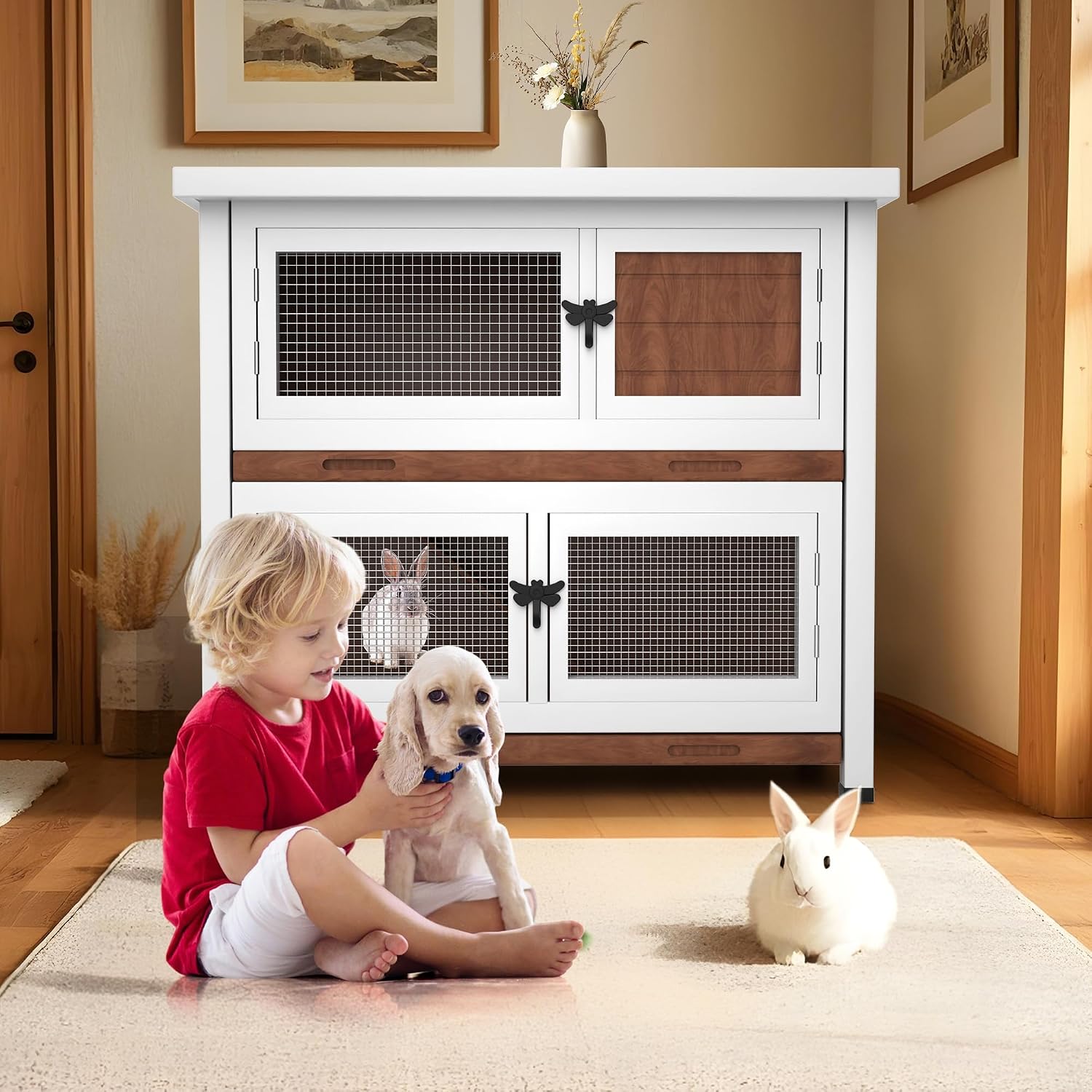 2-Story Solid Wood Rabbit Hutch with Removable Trays, Walnut - GlobalHabitat Supply