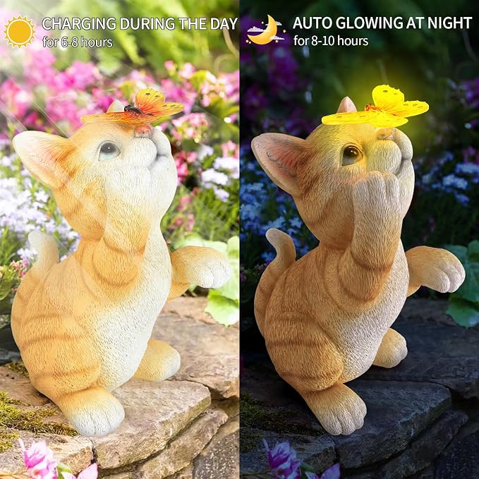 Solar Garden Statue Cat Figurine, Resin Cat Statue Playing Butterfly, Outdoor - Image 6