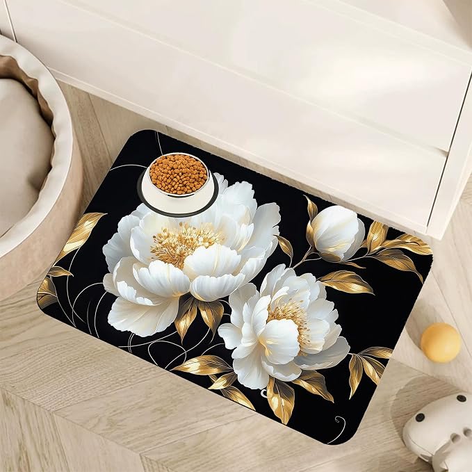 White Flowers Pet Feeding Mat, Glitter BloomingAbsorbent Quick-Dry Cat Dog Food by Unknown