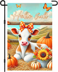 Hello Fall Garden Flag Cute Calf Cow Flag 12x18 Inch Polka Dot Bow Hay Pumpkins by BlissYard