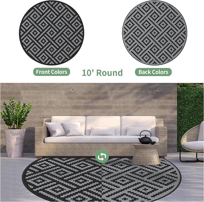 GENIMO 10' Round Outdoor Rug for Patios Clearance, Reversible Plastic Straw Rugs - Image 2