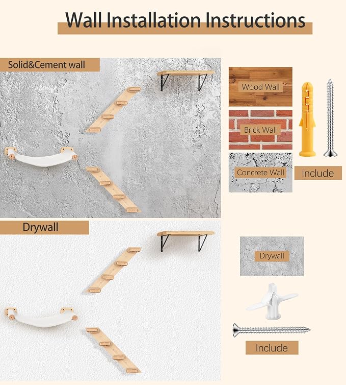 Cat Wall Shelves with 1 Floating Fabric Hammock, 2 Ladders with 4 Steps Each & - Image 9
