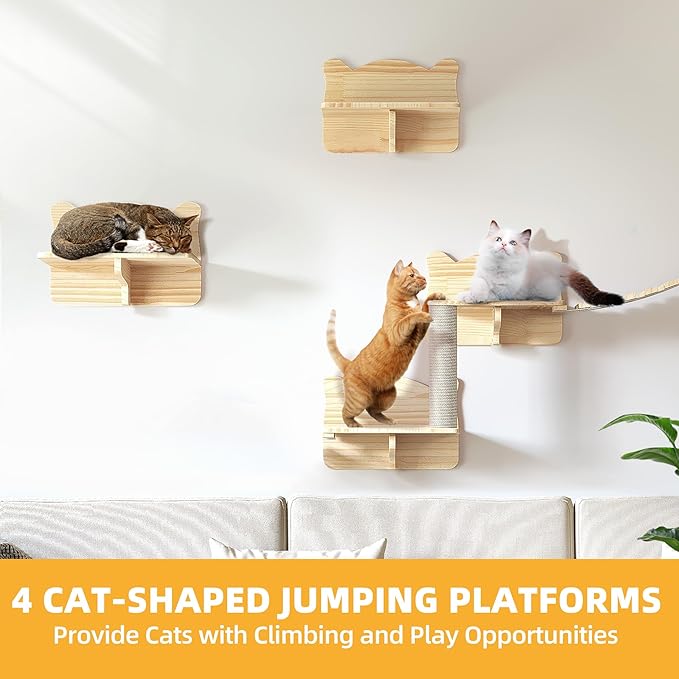 18-in-1 Cat Wall Shelves, Cat Wall Furniture Pine Wooden Wall Mounted Cat Shelf - Image 4