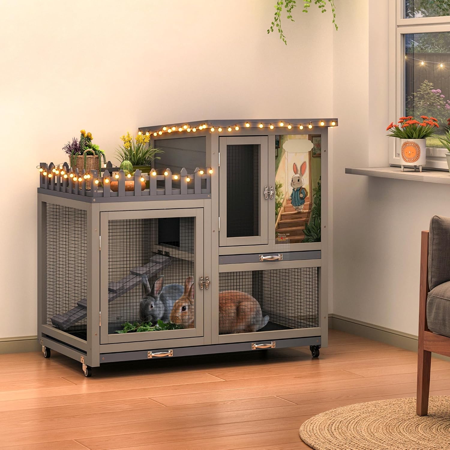 Wood Rabbit Hutch with Balcony and Pull-Out Tray - GlobalHabitat Supply
