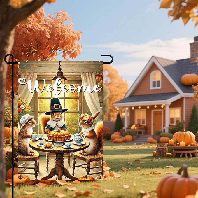 Welcome Garden Flag Autumn Garden Flag Adorable Squirrels Tea Party Decorative - Image 2
