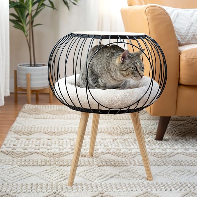 Kitty City Modern Cat Bed with Wooden Side Table, Elevated Indoor Cat Lounge - Image 2