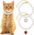 2pcs Cat Pearl Collar with Heart Pendant, Cute Pearl Pet Necklace in Small by Unknown