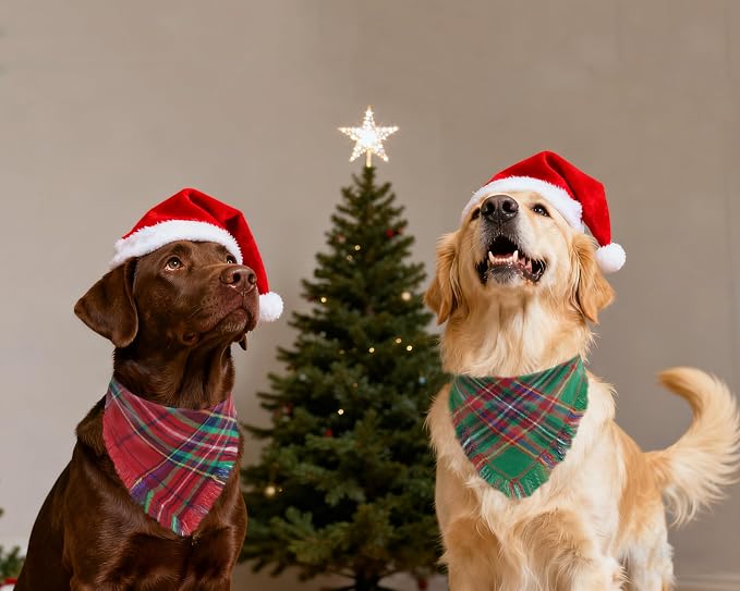 Christmas Dog Bandanas 2PCS-Large, Winter Classic Red Green Plaid Dog Scarf - Image 5