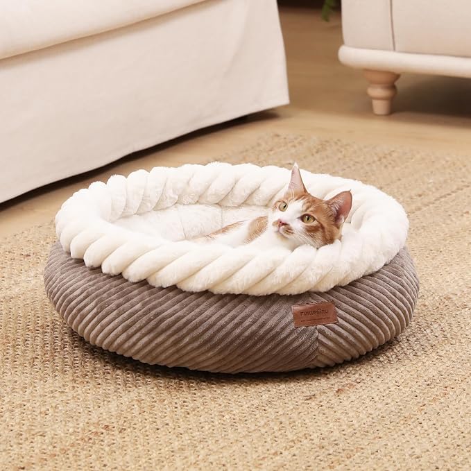 FUKUMARU Cat Bed, Calming Donut Dog Beds, Plush Faux Fur&Corduroy Kitten Beds - Image 8