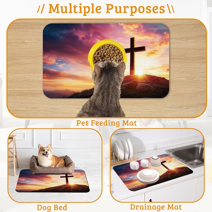 Pet Feeding Mat, Cross Absorbent Dog Cat Food Mat Sunset Dog Mat - Image 7