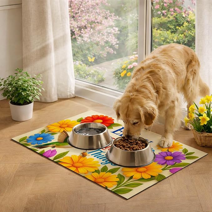 Hummingbird Pet Feeding Mat 24" x 16" Spring Design Non Slip Dog and Cat Bowl - Image 3