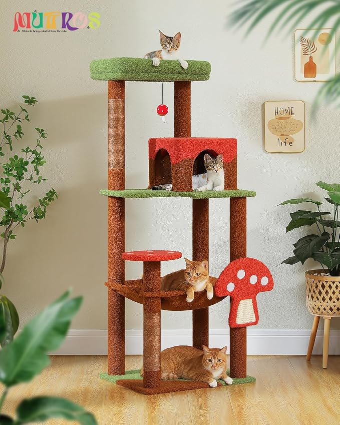 Mushroom Cat Tree Tower with Removable Scratcher, Large Hammock, 3 Sisal Posts - Image 2