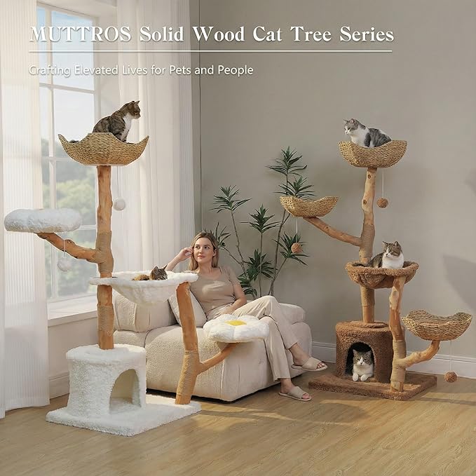 59" Cat Tree Tower with Real Solid Wood Natural Branch, Modern Cat Tree - Image 7