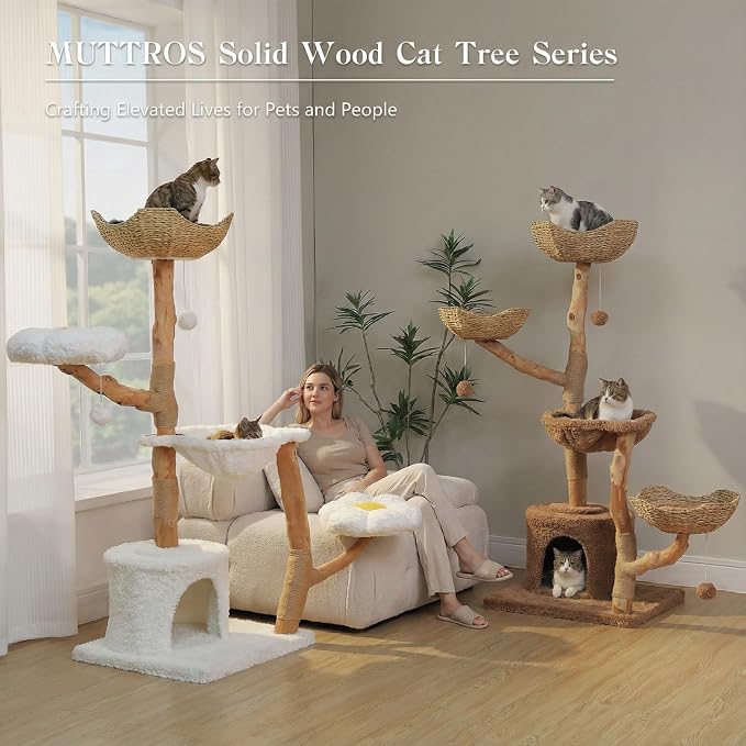 59" Modern Cat Tree Tower for Large Cats w/2 Flower Perches-Natural Solid Wood - Image 7